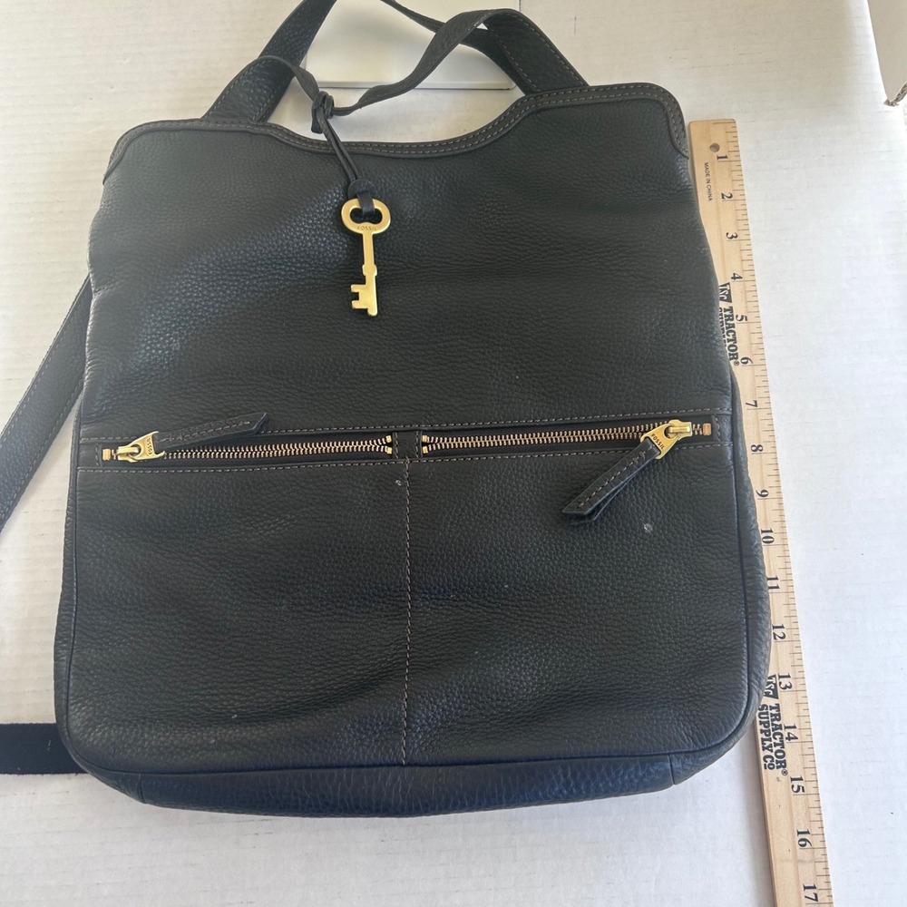 Fossil‎ Eric Foldover Tote Bag Women Large Black Pebbled Leather Crossbody - Picture 7 of 11